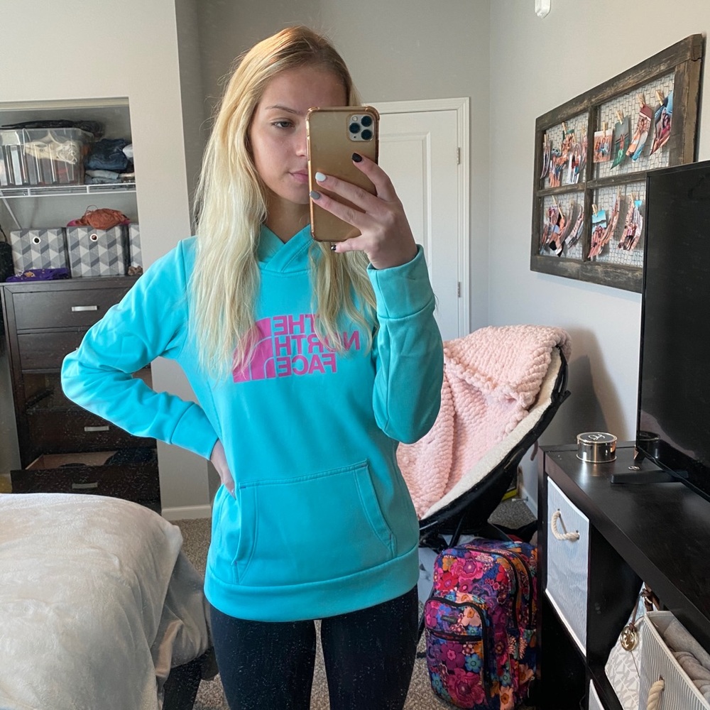 Blue and Pink North Face Sweatshirt